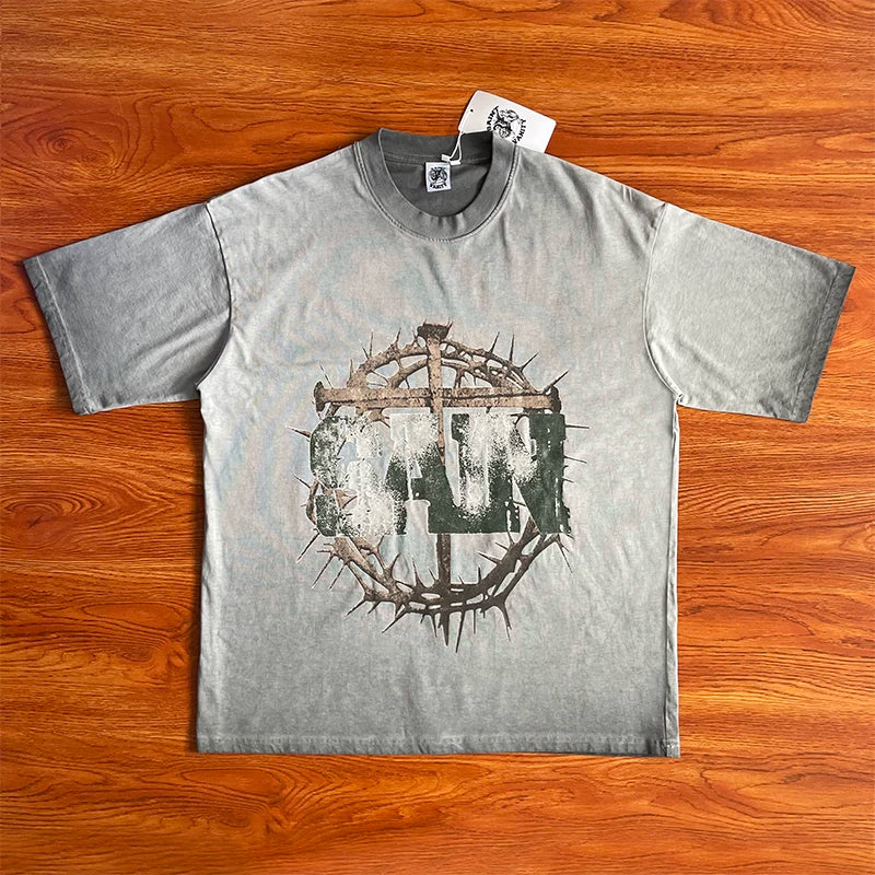 SAINT VANITY Artistic Thorns Art Thorn Pattern Wash Water Casual Short Sleeve T-shirt