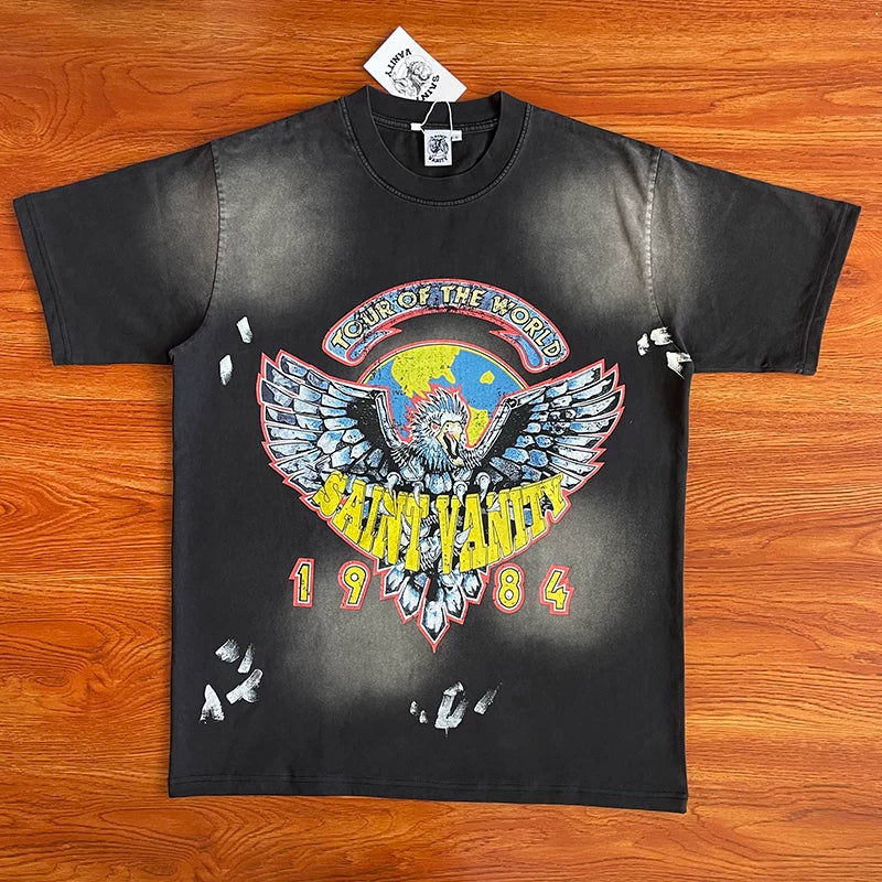 SAINT VANITY 1984 Tour of the World Eagle Earth Printed Vintage Short sleeved T-shirt