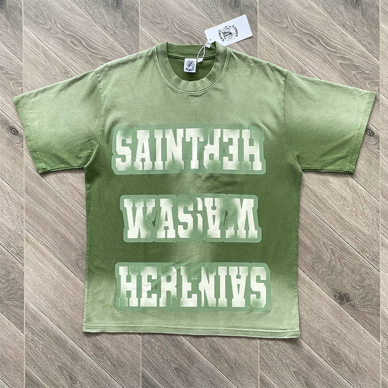 SAINT VANITY Washed Watercolor Print Casual Short-Sleeved T-shirt