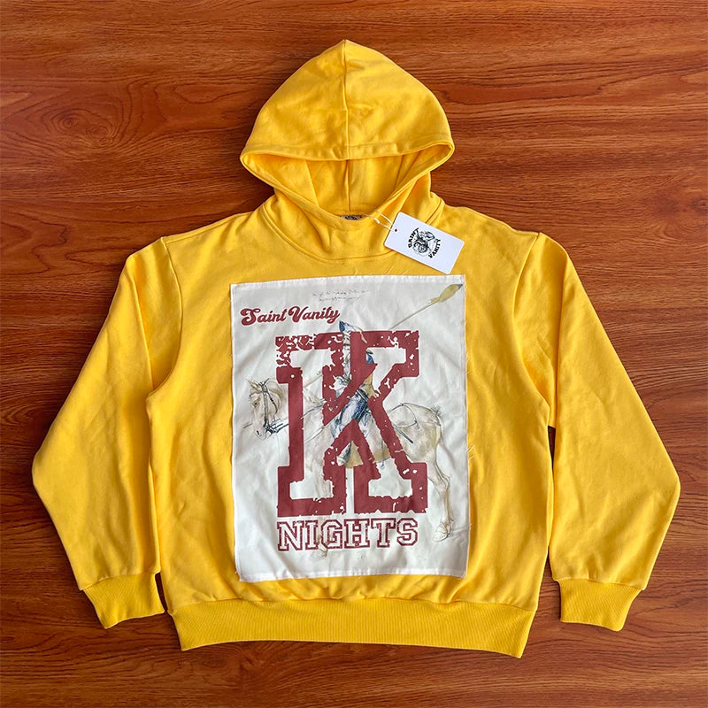 SAINT VANITY Patchwork Yellow Hooded Casual Sweatshirt