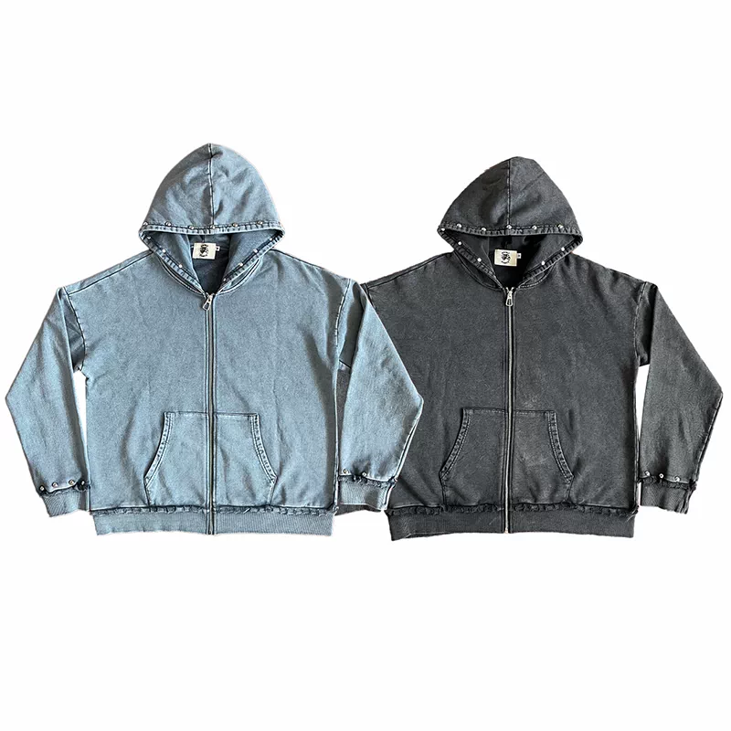 SAINT VANITY ins same style washed water distressed rivet hooded sweatshirt