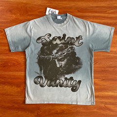 SAINT VANITY Washed Antique Portrait Print Casual Short-Sleeved T-Shirt