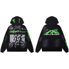 Hellstar Neon Green Runner Graphic Zip‑Up Hoodie