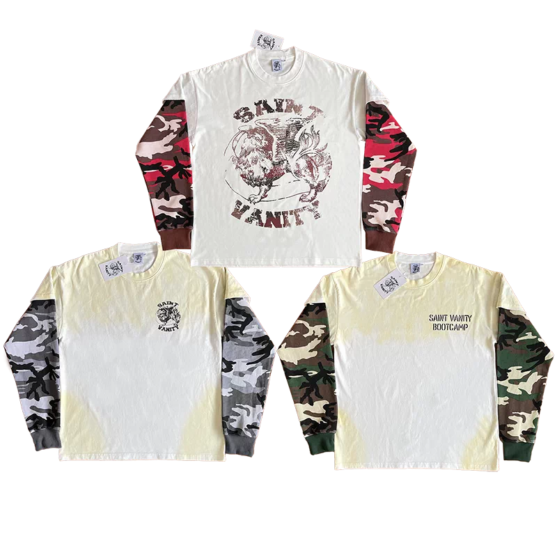 SAINT VANITY Camouflage Spliced Sleeve Fake Two piece Long sleeved T-shirt European and American Trendy