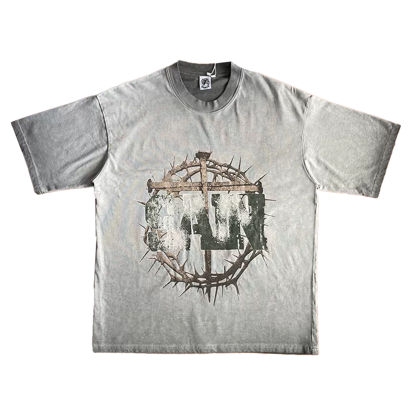 SAINT VANITY Artistic Thorns Art Thorn Pattern Wash Water Casual Short Sleeve T-shirt