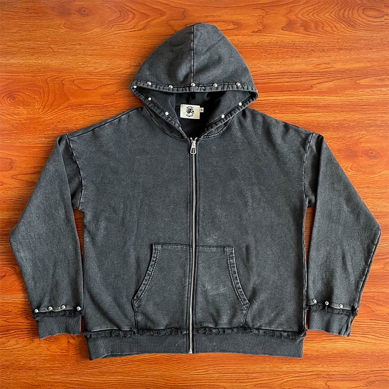 SAINT VANITY ins same style washed water distressed rivet hooded sweatshirt