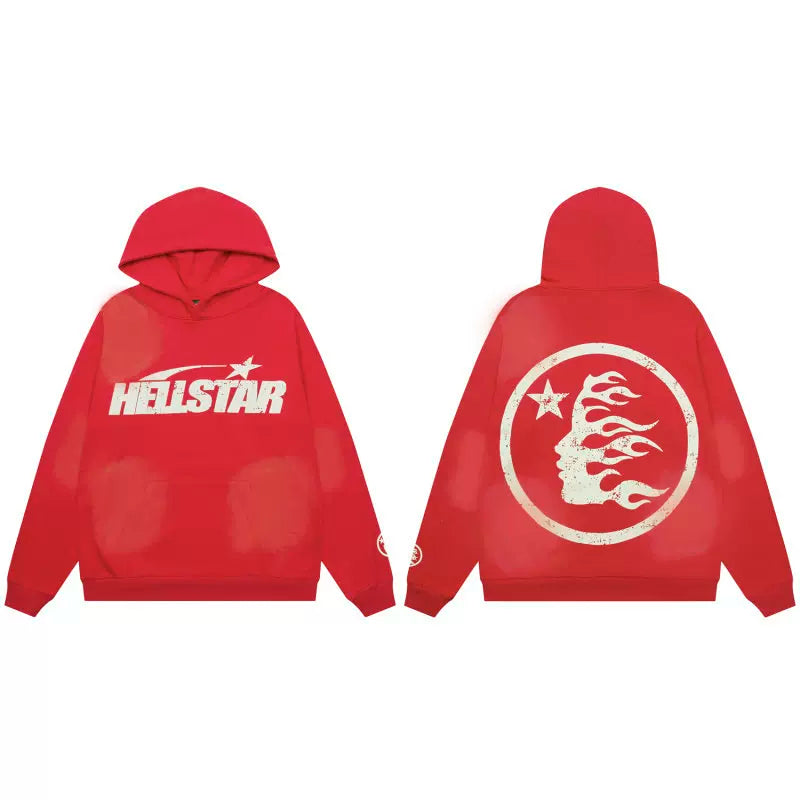 Hellstar Retro Graphic Print Red Hoodie Street Casual Pullover Hooded Sweatshirt