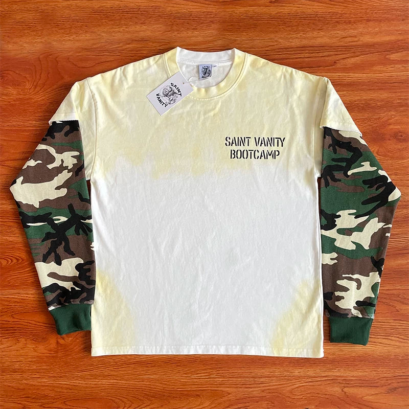 SAINT VANITY Camouflage Spliced Sleeve Fake Two piece Long sleeved T-shirt European and American Trendy