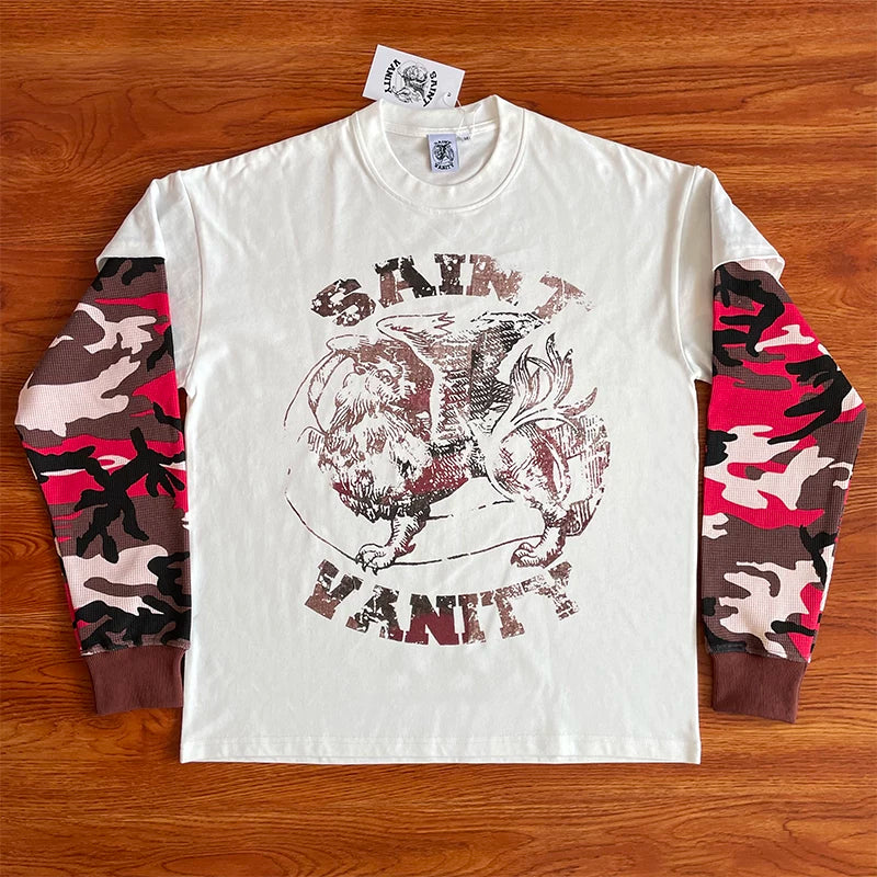 SAINT VANITY Camouflage Spliced Sleeve Fake Two piece Long sleeved T-shirt European and American Trendy
