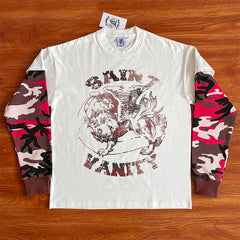 SAINT VANITY Camouflage Spliced Sleeve Fake Two piece Long sleeved T-shirt European and American Trendy