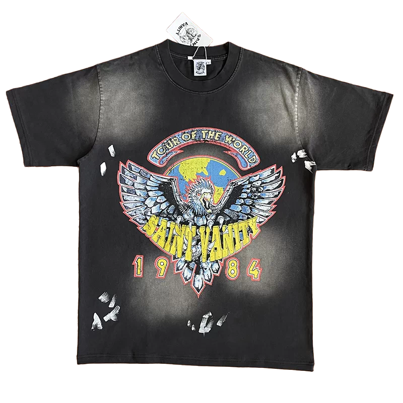 SAINT VANITY 1984 Tour of the World Eagle Earth Printed Vintage Short sleeved T-shirt